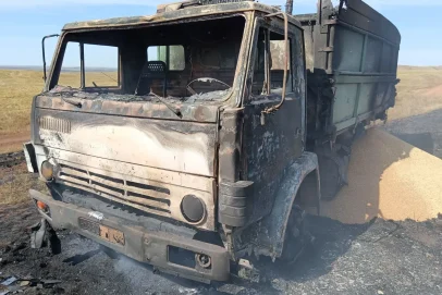 В Переволоцком районе от вспыхнувшего грузовика с зерном загорелась степь